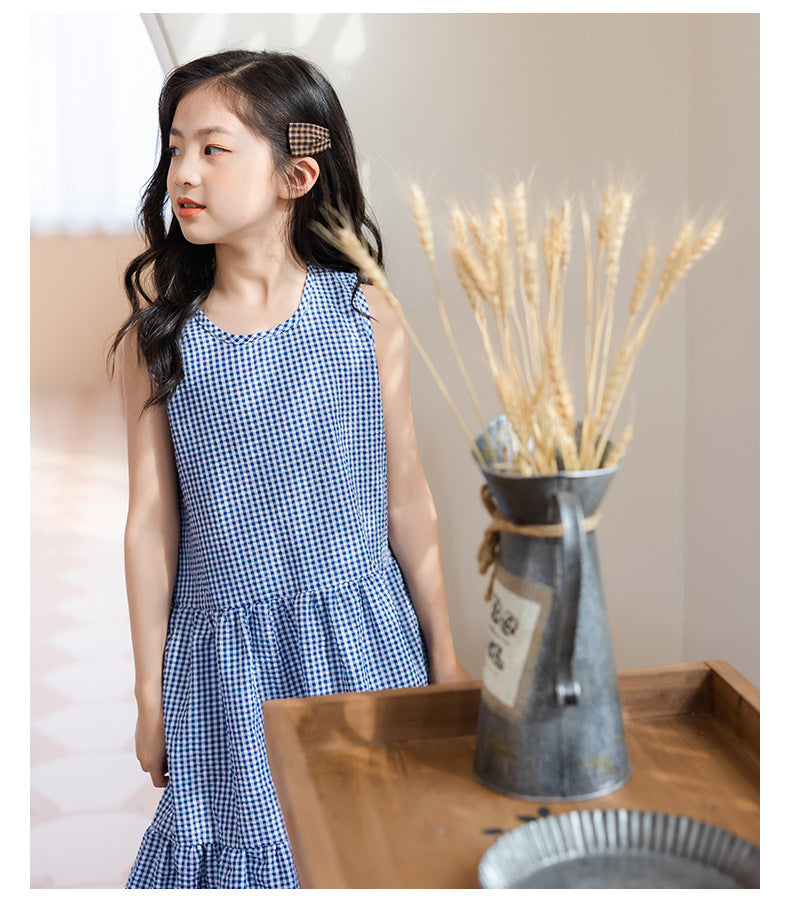 Checked Cotton Pinafore Dress - Blue