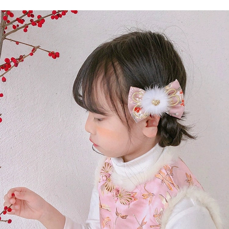 1 x Japanese Style Pom Pom Floral Hair Bows - Pink