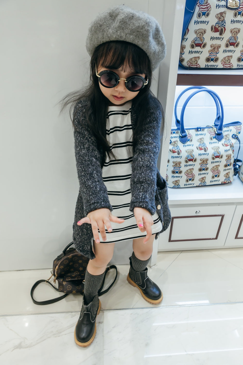 Girl's White Cotton black Striped Dress