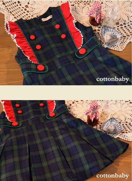 Luxury Girls Navy Green Checked Dress (Made in Korea)