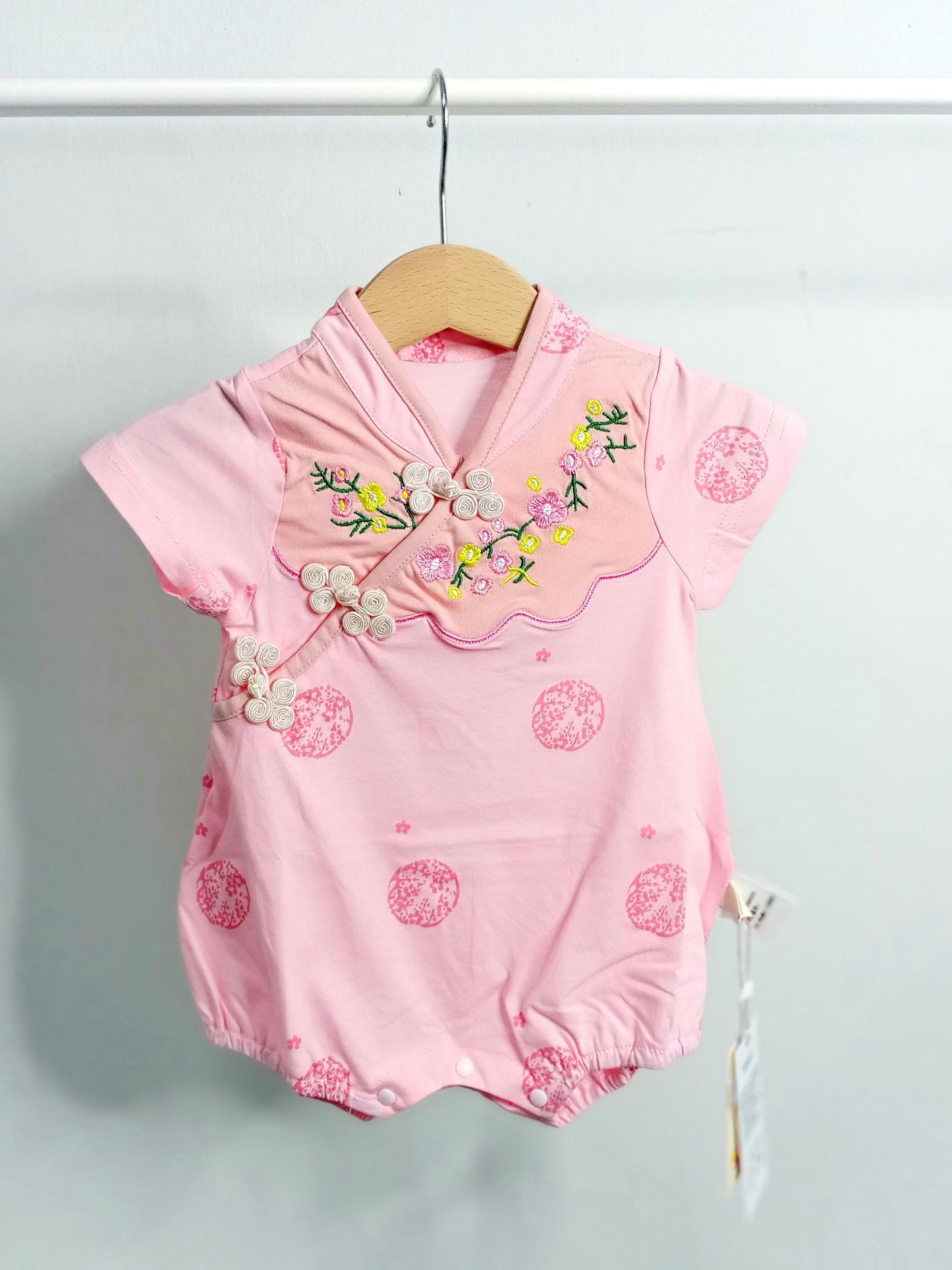 Cotton Floral Embroidery Baby Cheongsam Romper- Pink