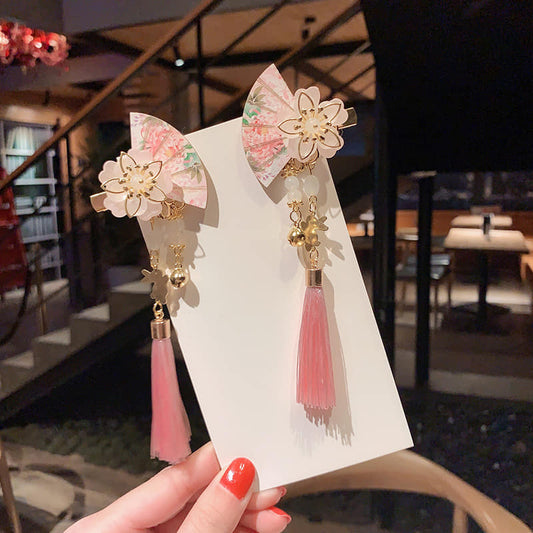 Pink Fan with Rabbit Hair Clips- a pair