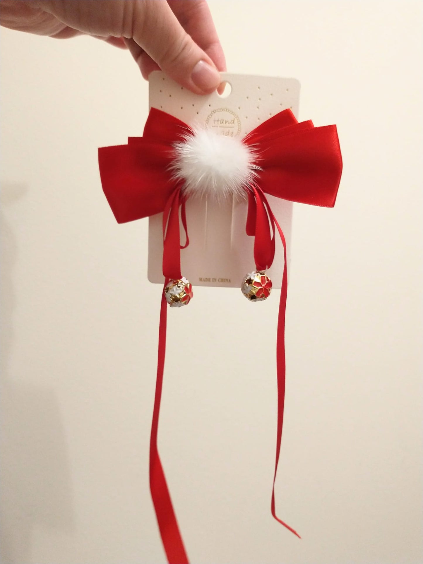 1 x Pom Pom Hair Bows with bells - Red