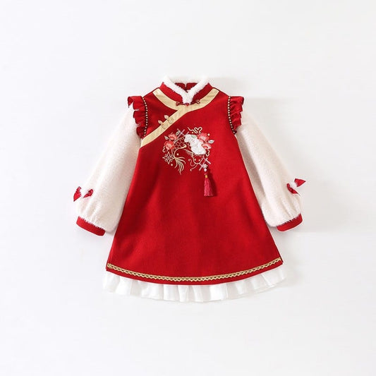 Girls Warm Knitwear Bunny Dress - Red /cream