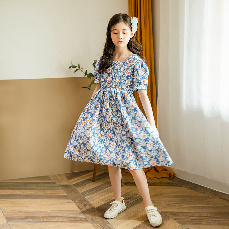 Girl Floral Cotton Dress - Blue