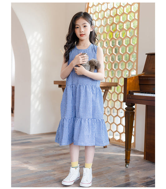 Checked Cotton Pinafore Dress - Blue