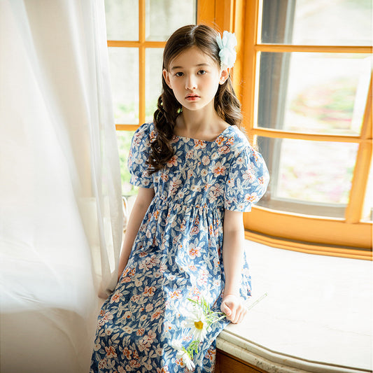 Girl Floral Cotton Dress - Blue