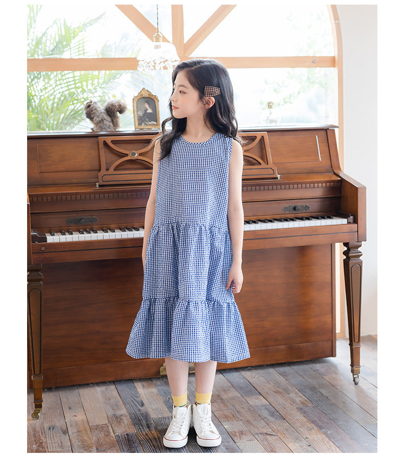 Checked Cotton Pinafore Dress - Blue