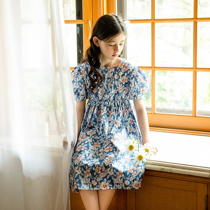 Girl Floral Cotton Dress - Blue