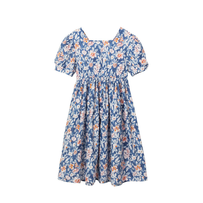 Girl Floral Cotton Dress - Blue