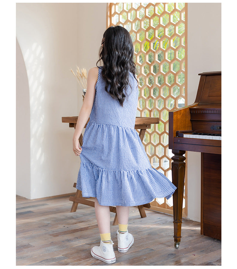 Checked Cotton Pinafore Dress - Blue