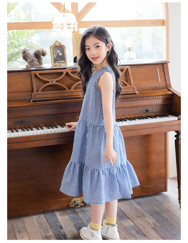 Checked Cotton Pinafore Dress - Blue