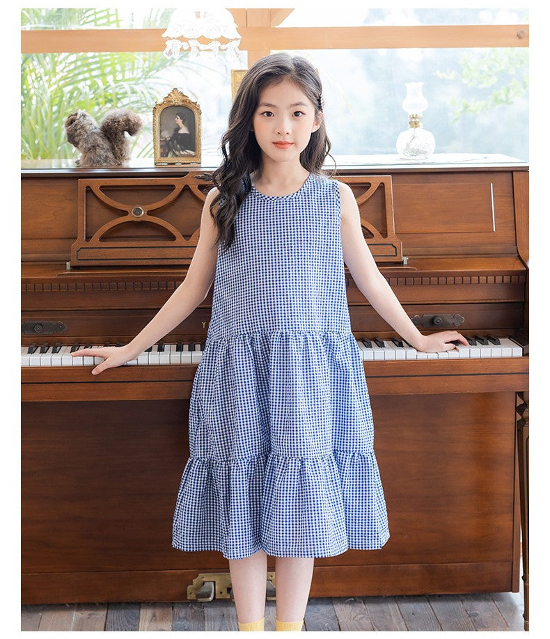 Checked Cotton Pinafore Dress - Blue