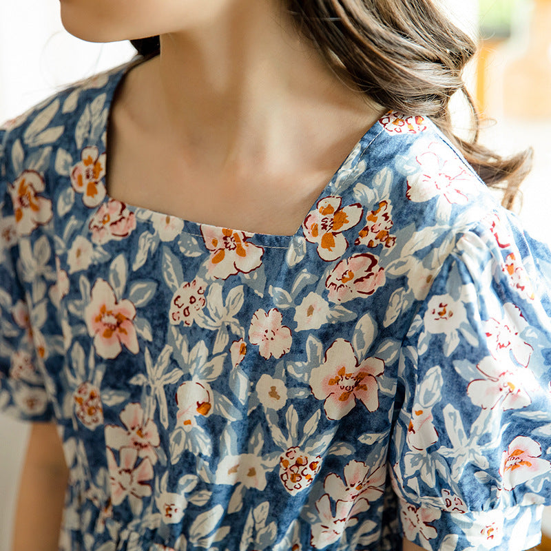 Girl Floral Cotton Dress - Blue