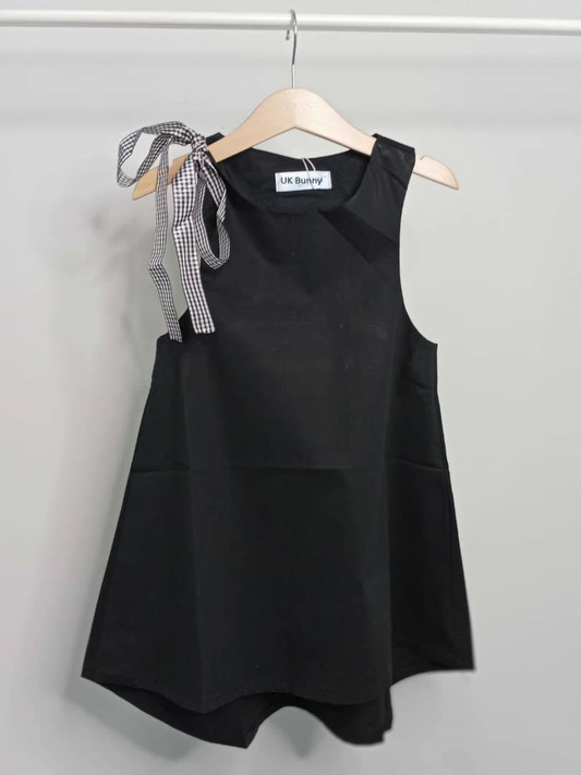 Girls Checked Bow Cotton Black Dress