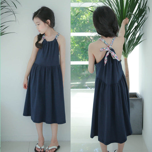 Girls Floral Straps Cotton Long Dress - Navy