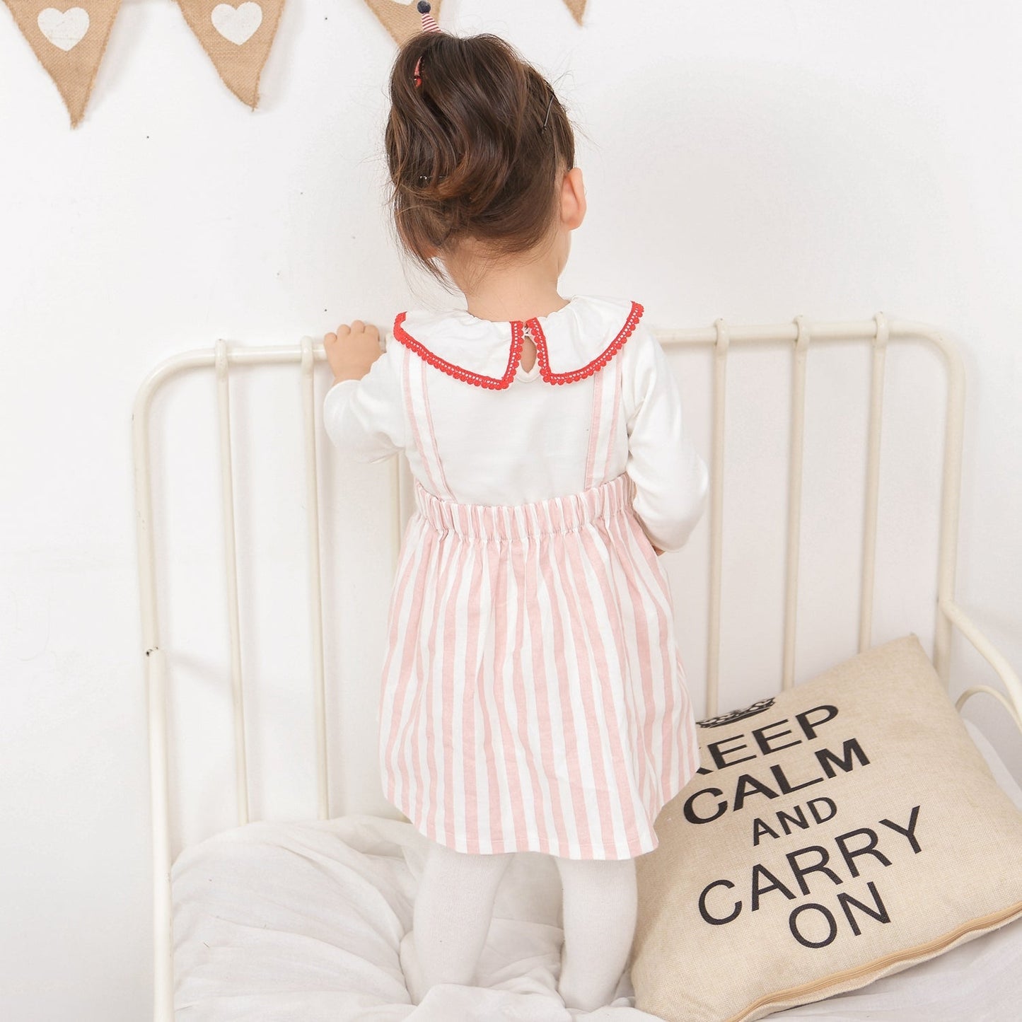 Girls Striped Cotton Pinafore Dress Set