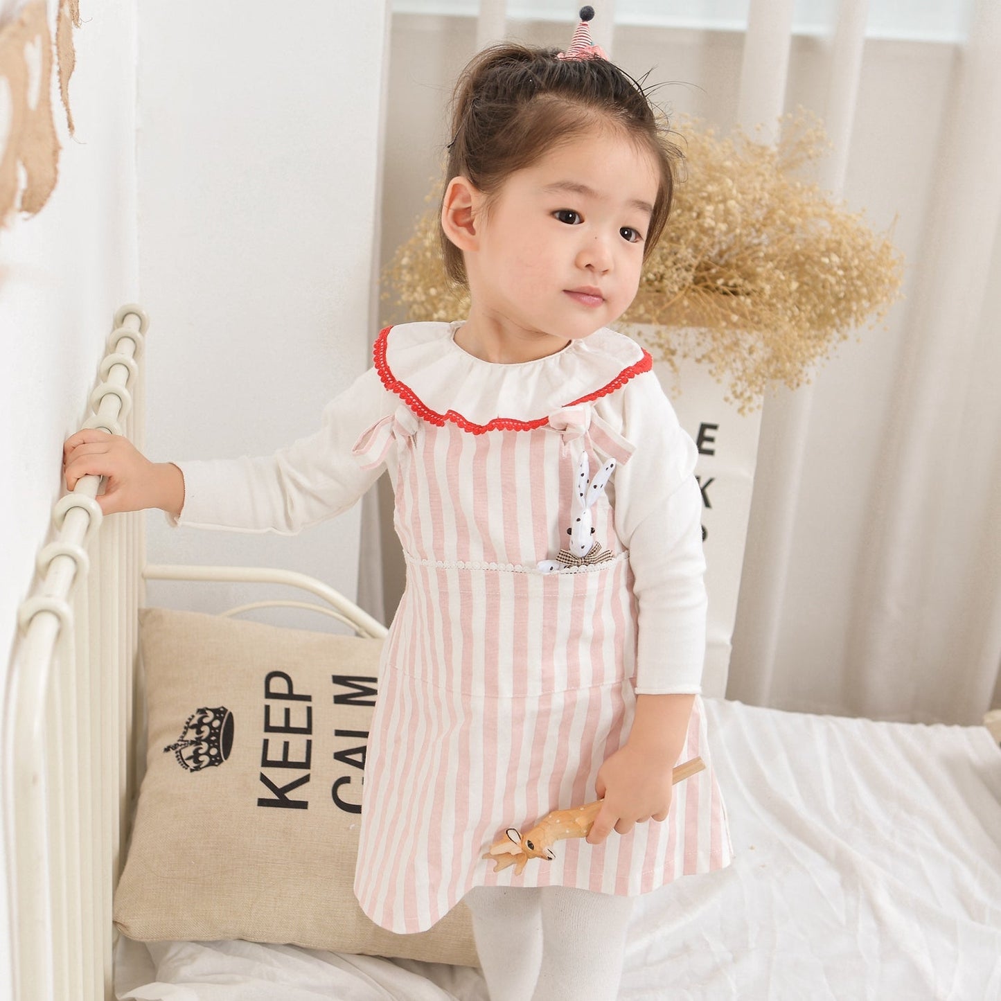 Girls Striped Cotton Pinafore Dress Set