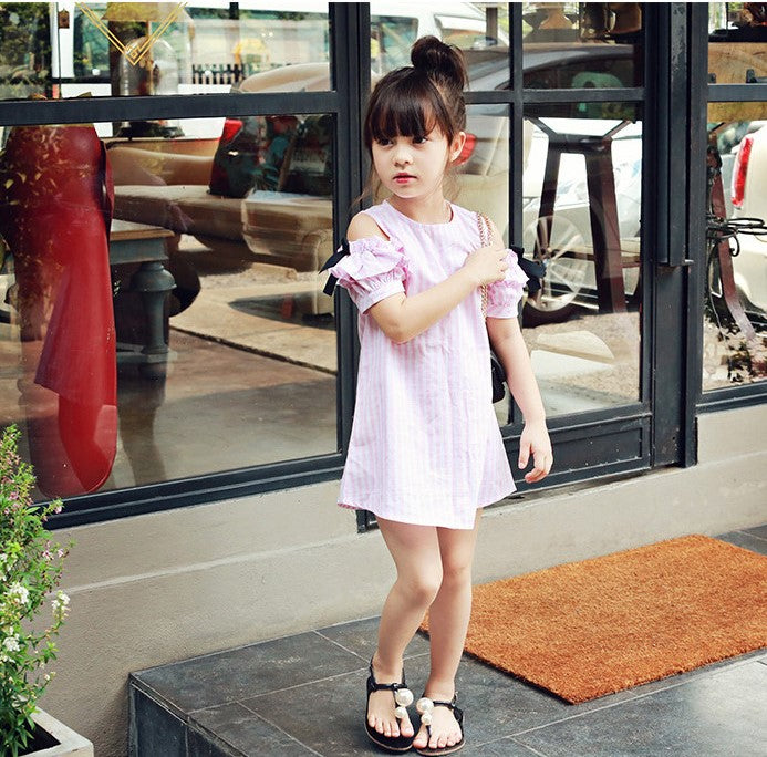 Girl Cotton Stripe Dress- Pink