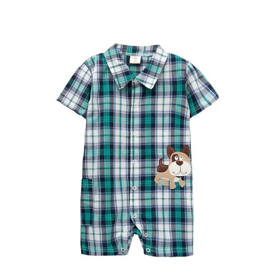 Green Check Shirt Dog Embroidery Romper