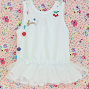 Cherry Bunny Embroidered Tulle Blouse (White)