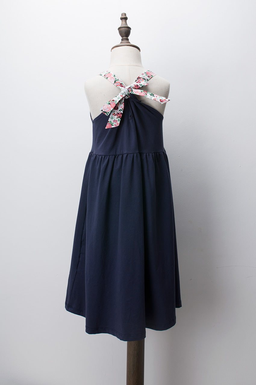 Girls Floral Straps Cotton Long Dress - Navy