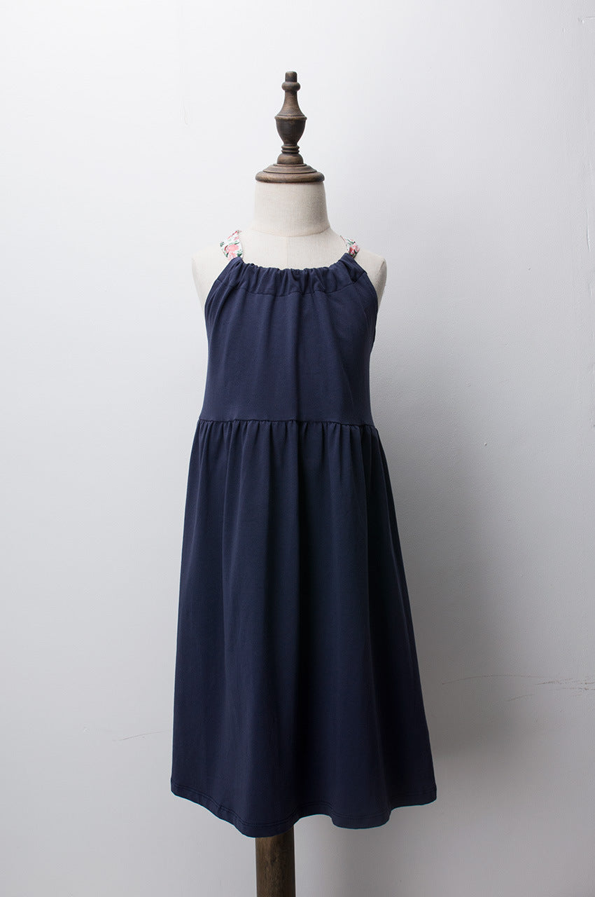 Girls Floral Straps Cotton Long Dress - Navy