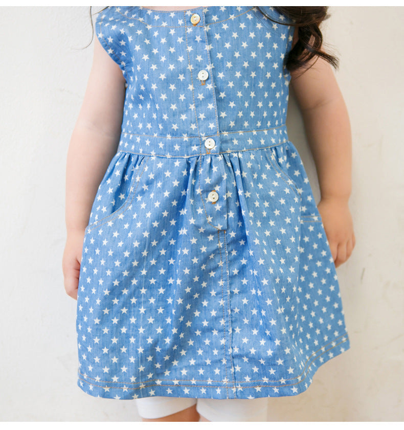 Girls Blue Cotton Star Dress