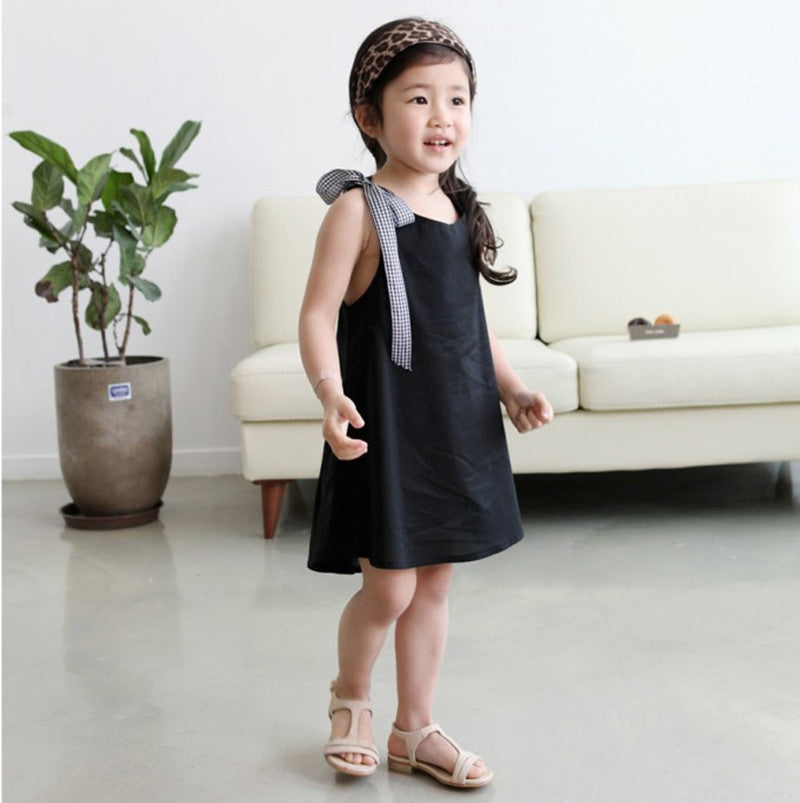 Girls Checked Bow Cotton Black Dress