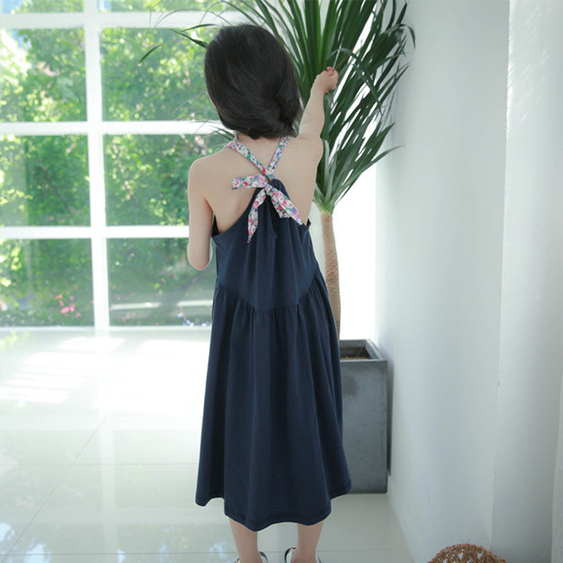 Girls Floral Straps Cotton Long Dress - Navy