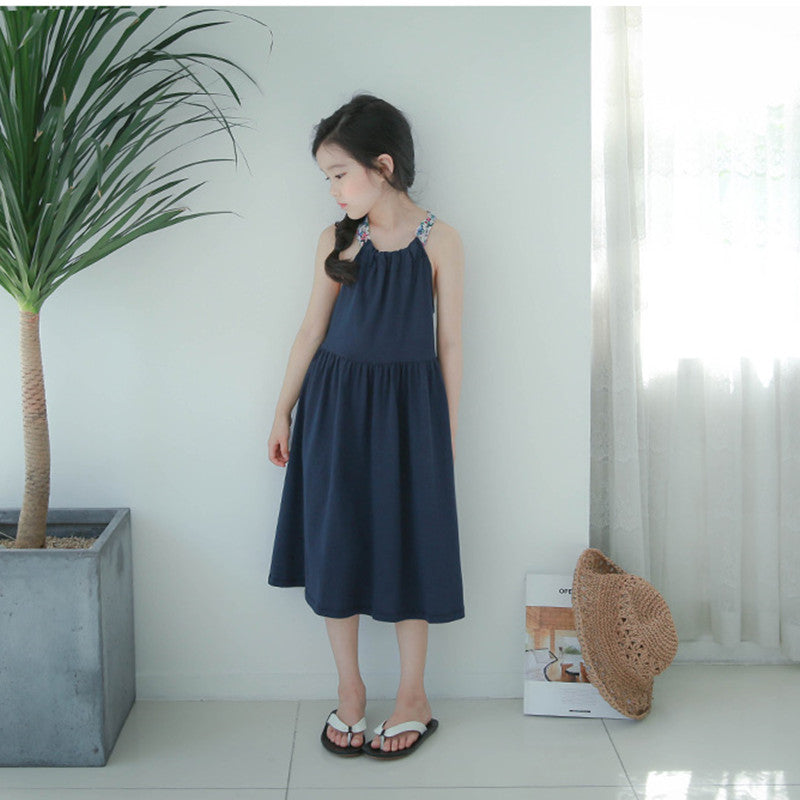 Girls Floral Straps Cotton Long Dress - Navy