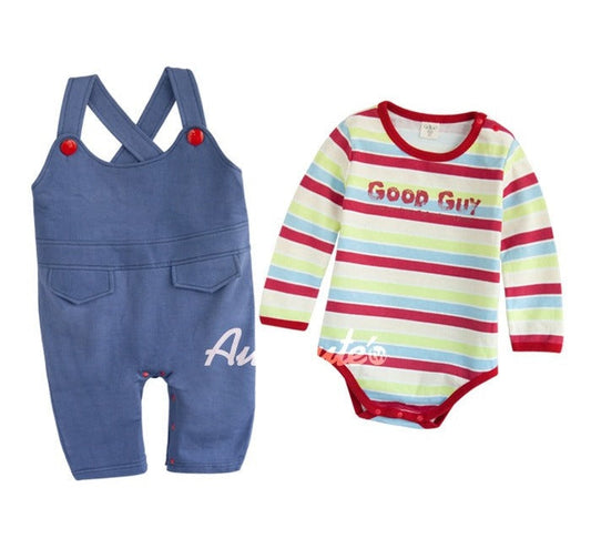 Blue Dungaree & Good Guy Striped Romper Set