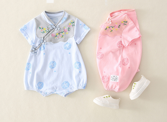 Cotton Floral Embroidery Baby Cheongsam Romper- Blue