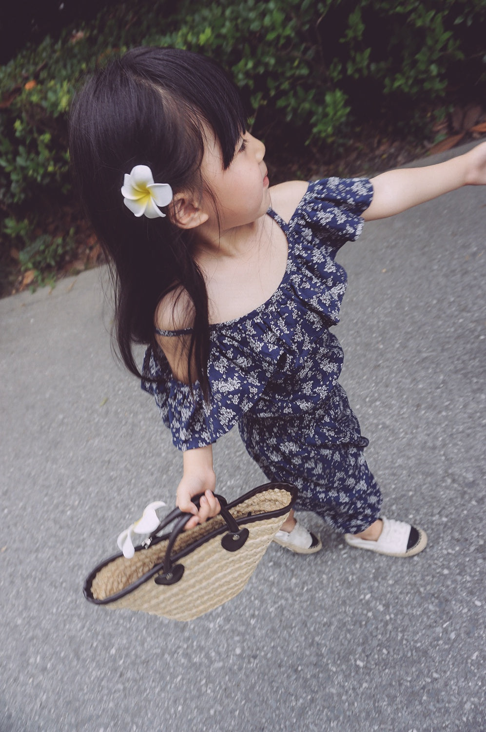 Girls Floral Off Shoulder Blouse and Short Set-  Navy