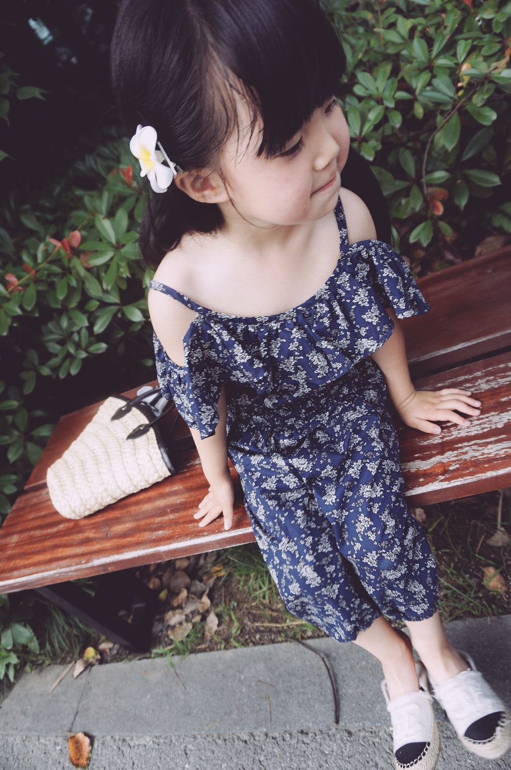 Girls Floral Off Shoulder Blouse and Short Set-  Navy