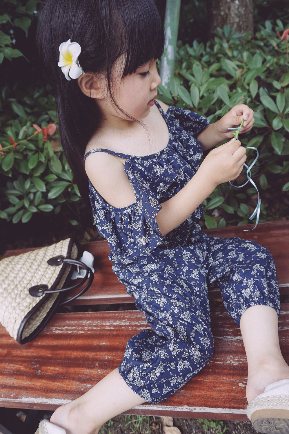 Girls Floral Off Shoulder Blouse and Short Set-  Navy