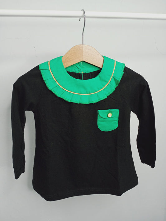 Girl Black Top Long Sleeve - Blue Collar with Jade Button (Made in Korea)