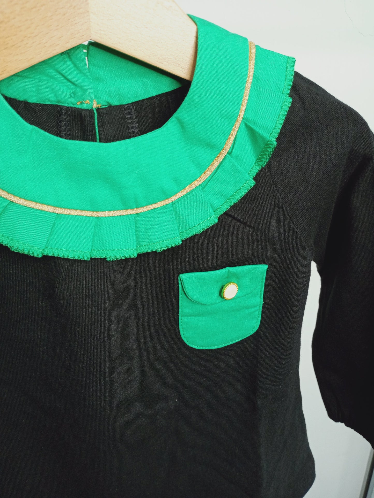 Girl Black Top Long Sleeve - Blue Collar with Jade Button (Made in Korea)