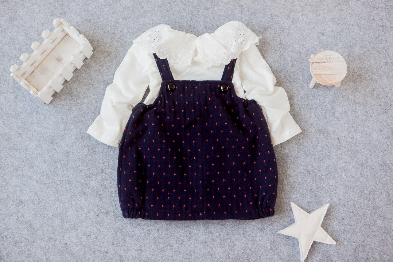 Girls Floral Pattern Navy Pinafore Dress Set ( Thick Material)