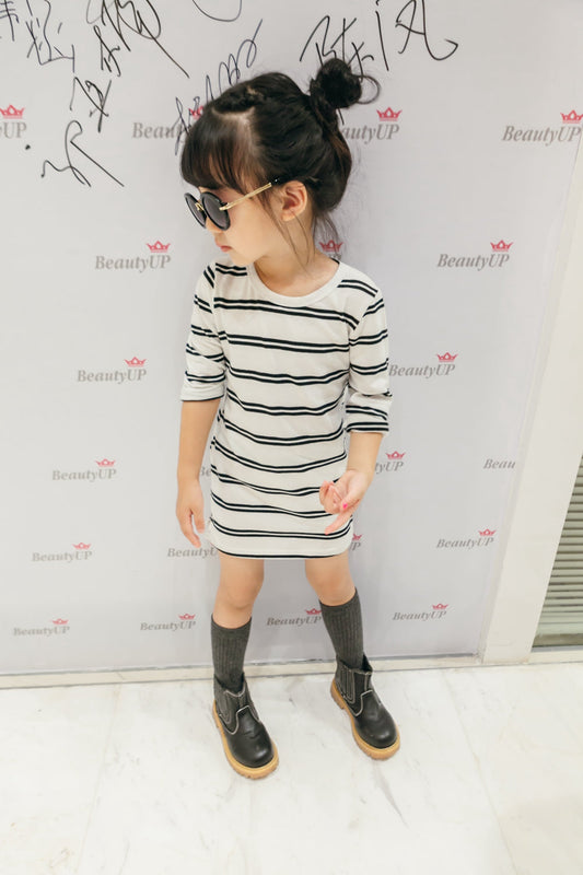 Girl's White Cotton black Striped Dress