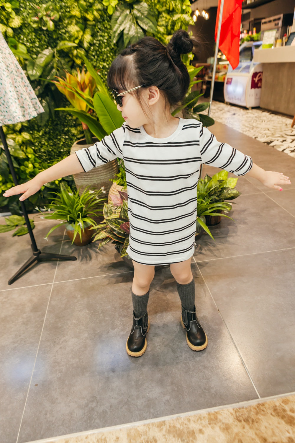 Girl's White Cotton black Striped Dress