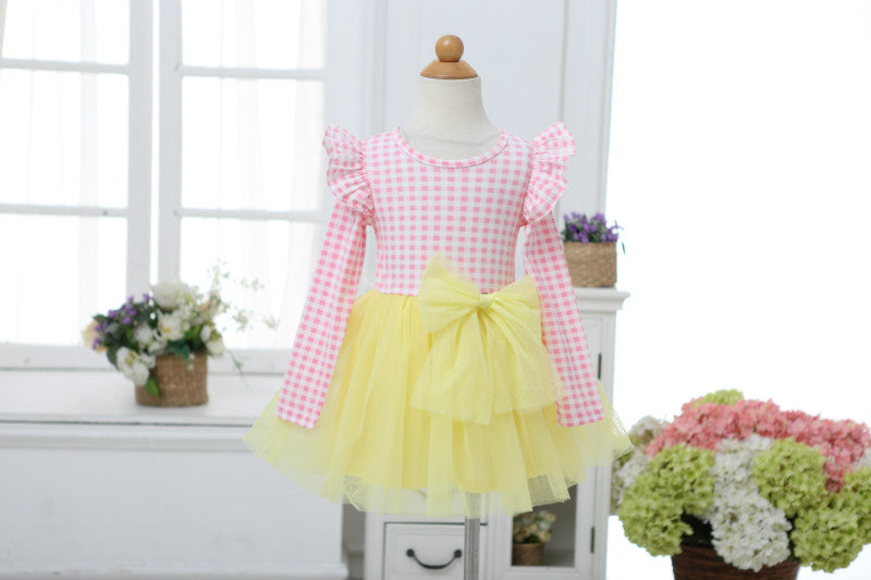 Girls Pink Check and Yellow Tulle Tutu Dress