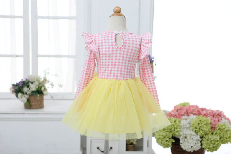 Girls Pink Check and Yellow Tulle Tutu Dress