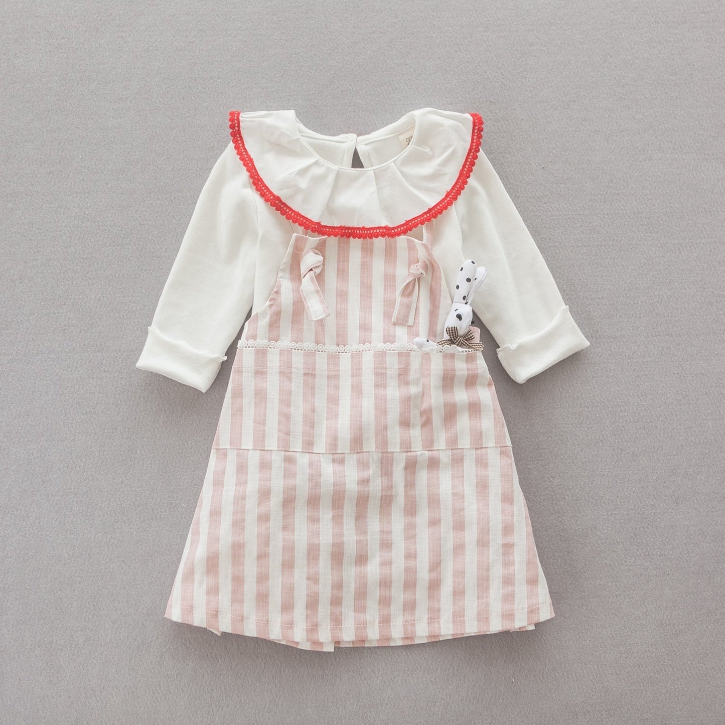 Girls Striped Cotton Pinafore Dress Set