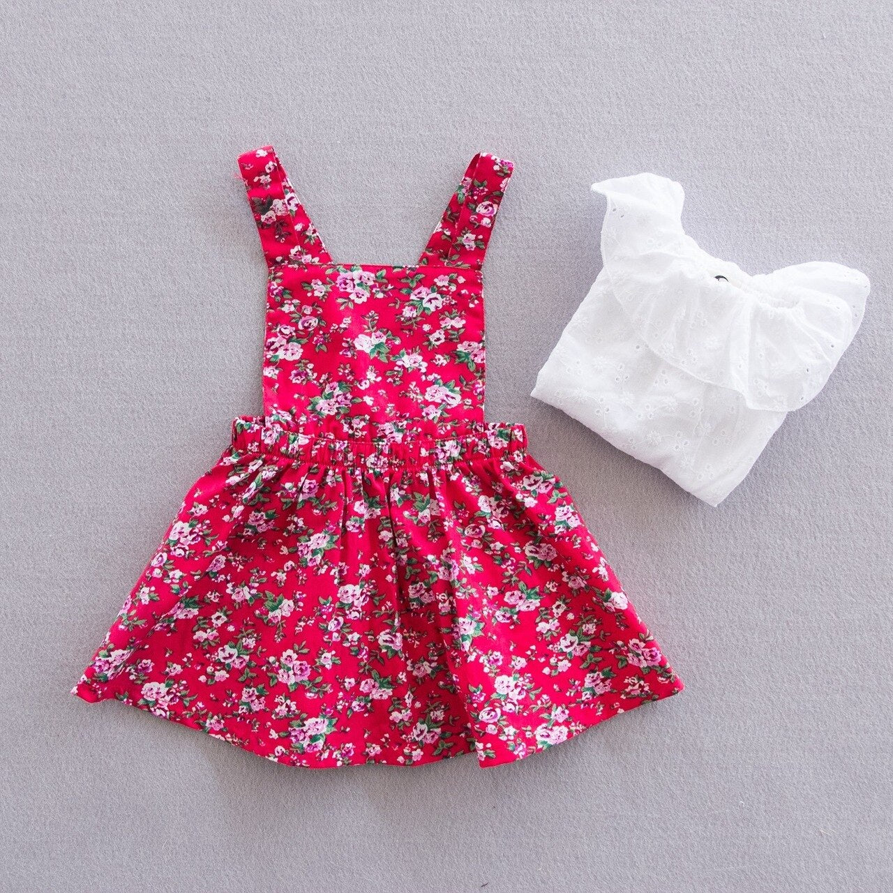 Girls Floral Pattern Red Pinafore Dress Set