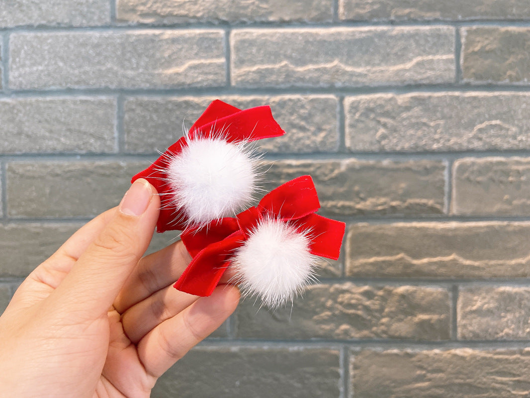 2 x Velvet Pom Pom Hair Bows - Red