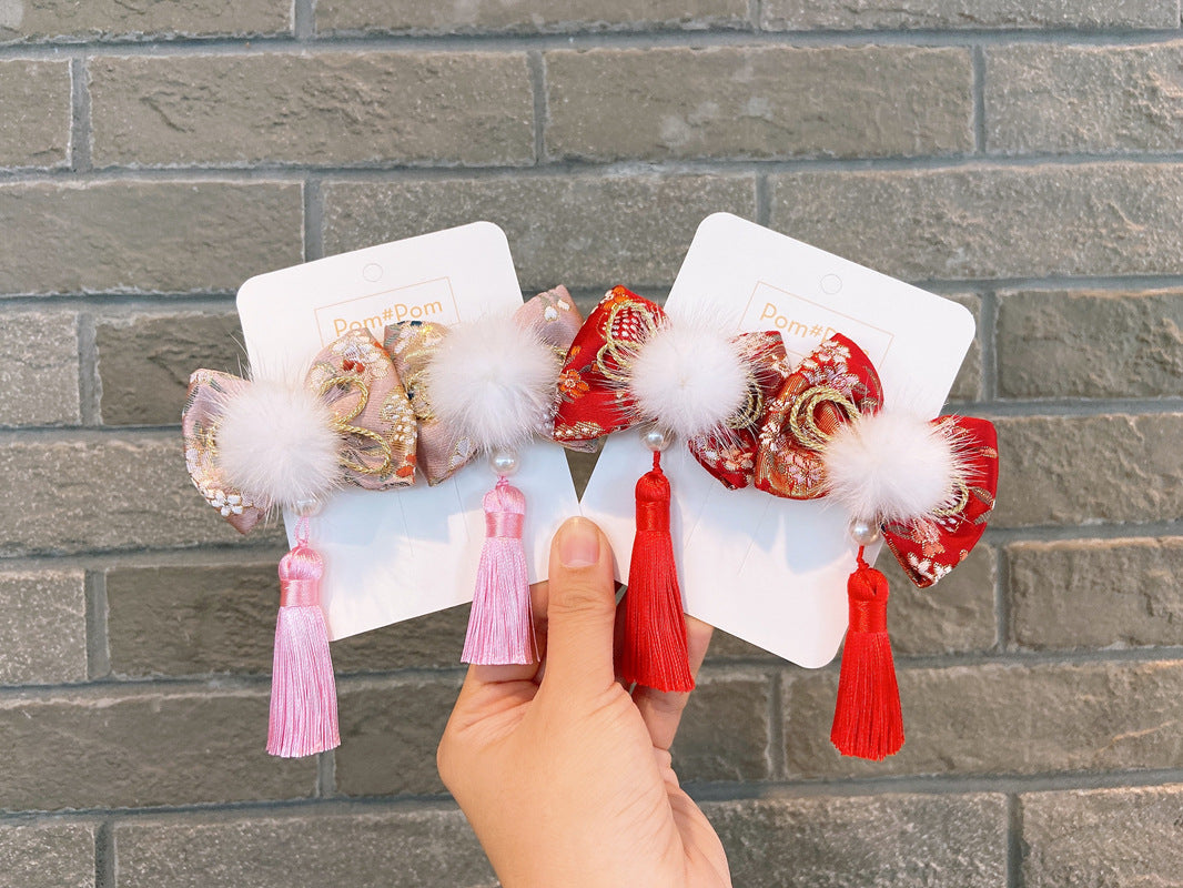 2 x Pom Pom Hair Bows with tassel - Red