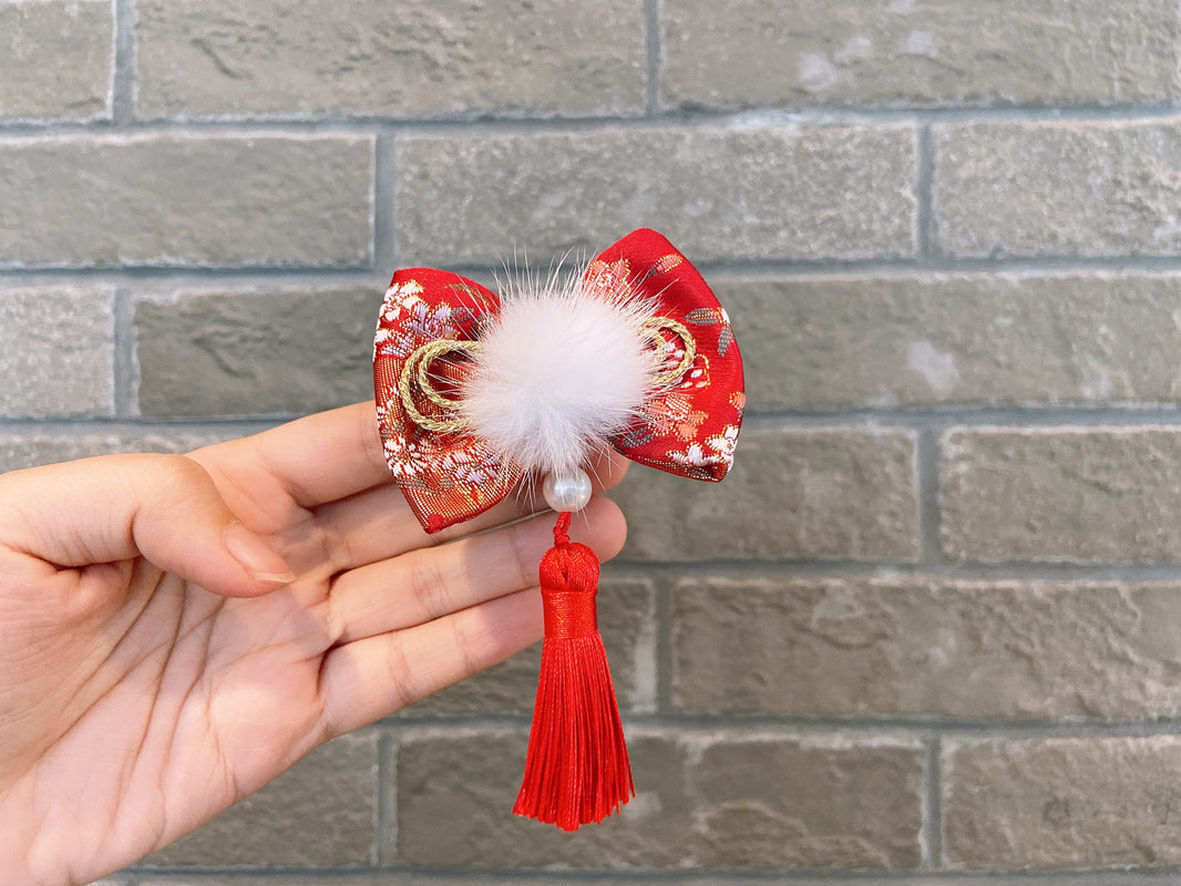 2 x Pom Pom Hair Bows with tassel - Red