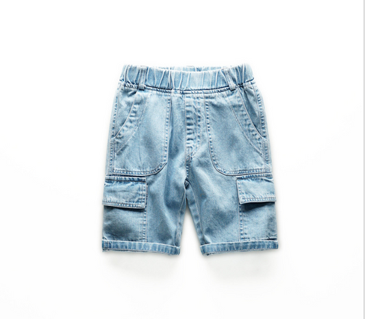 Cotton Denim Cargo Jeans Short  - Blue