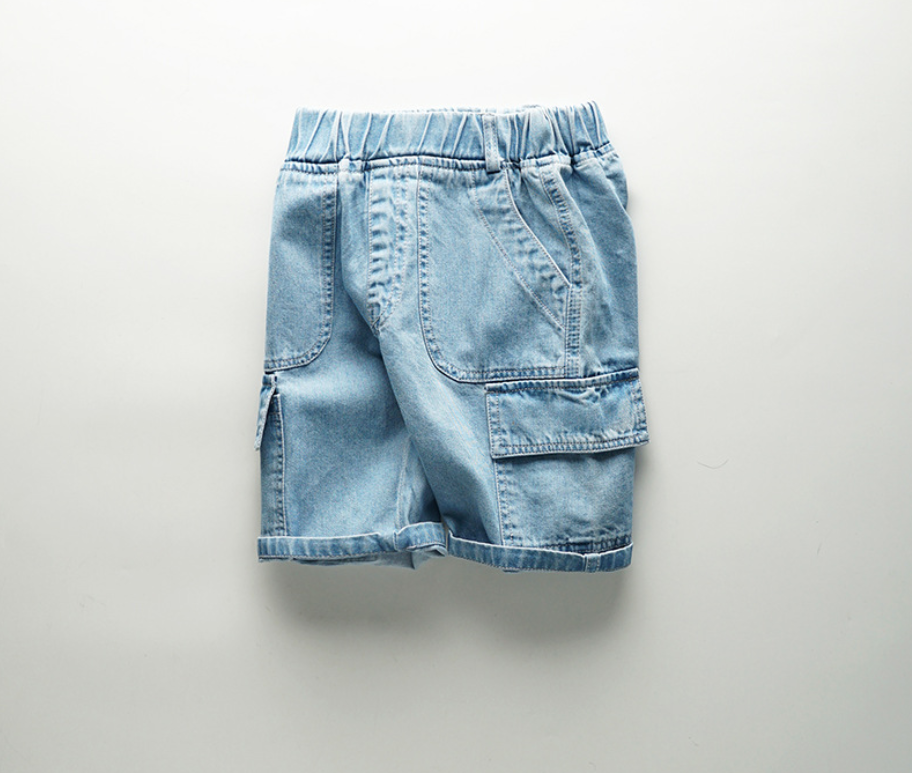 Cotton Denim Cargo Jeans Short  - Blue